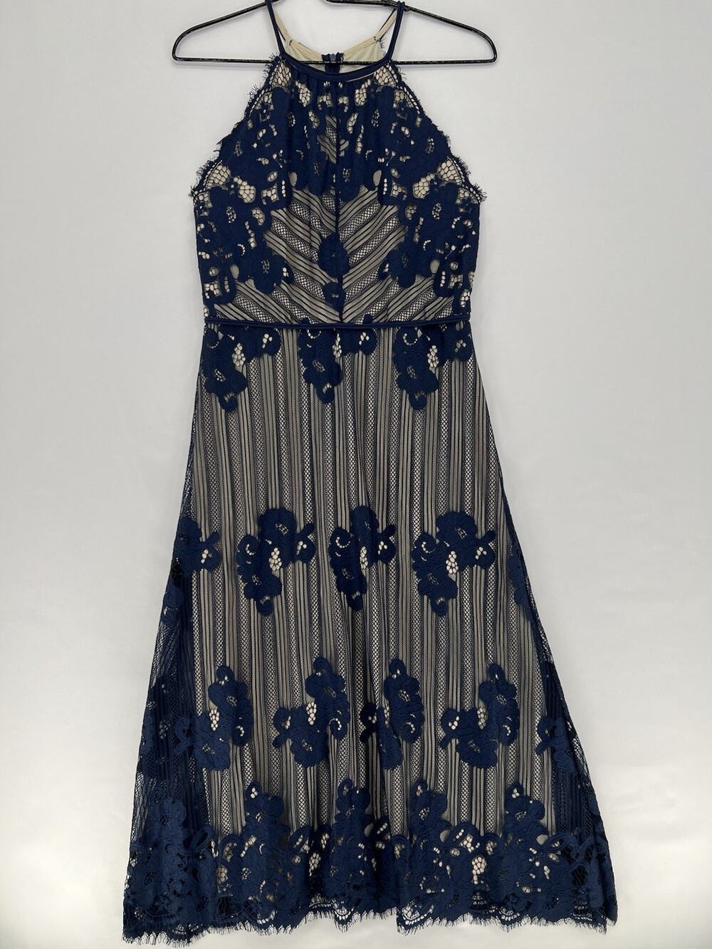Navy Lace Midi Dress Womens Medium Cocktail Wedding Guest Formal Fit Flare